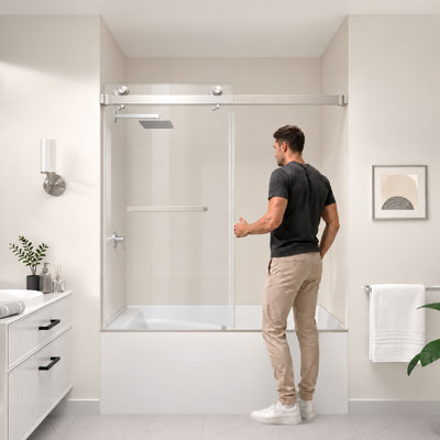 Porte de baignoire de douche coulissante double sans cadre Catalyst en nickel brossé avec verre transparent de 3/8 po de l 56 po x H 60 po Catalyst