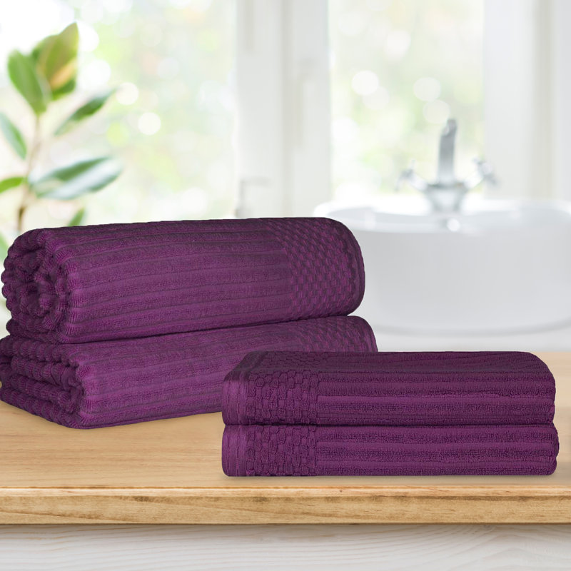 Ribbed Cotton Absorbent Heavy Weight 2 Pc Bath Sheet and 2 Pc Bath Towel Set, Plum