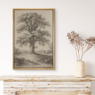 Chêne rétro sépia, paysage, impression sur toile encadrée