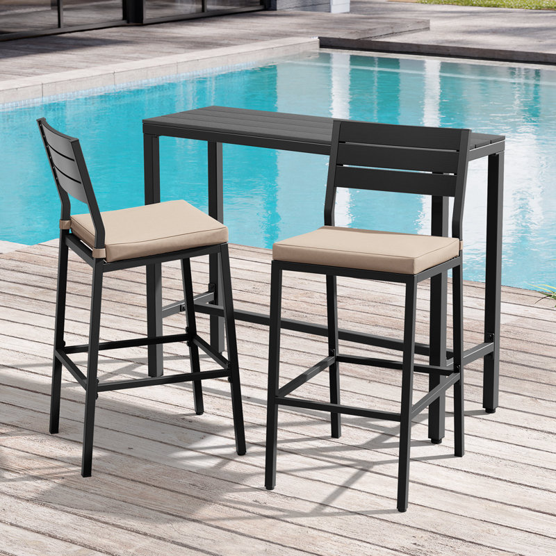 Ensemble de salle à manger pour 2 personnes en métal avec table de bar rectangulaire, coussins inclus, Beige, Noir