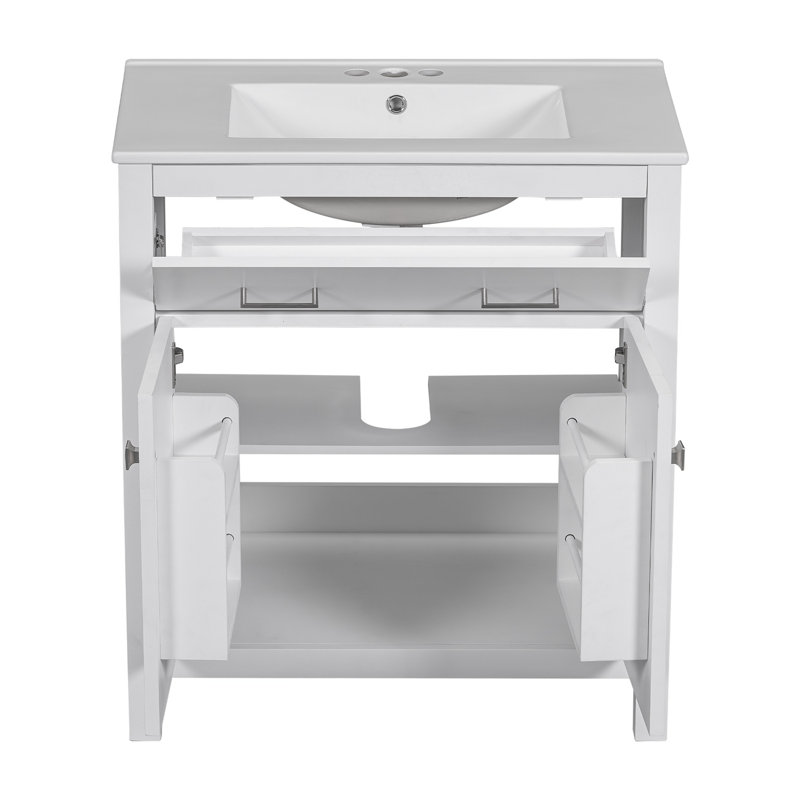 Meuble-lavabo de salle de bain avec lavabo en céramique, Blanc / Blanc