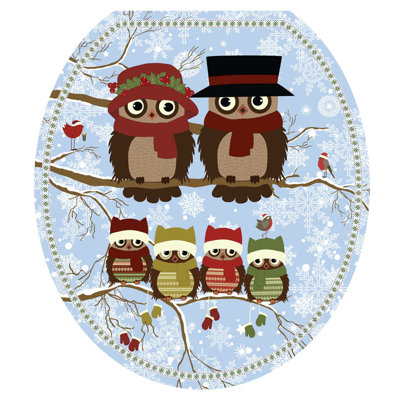 Seasonal Owl Family Toilet Seat Decal – Toilet Tattoos Winter Static Cling Vinyl Cover Fits Round & Elongated Seats