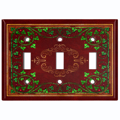 Metal Light Switch Plate Outlet Cover (Elegant Green Rose Flowers Red Trim - Single Toggle)
