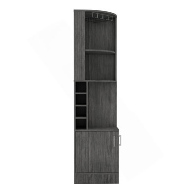 Corner Bar Cabinet 71" H , With Two Shelves At The Top, 1 Glass Holder, 8 Exterior Bottle Racks, 1 Central Shelf And A Lower Drawer With 2 Side Doors, Smoke Oak