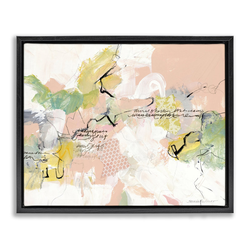 «Pink Cashmere Abstraction», art mural encadré par Suzanne McCourt, H 25 po x l 31 po, Cadre flottant noir de jais