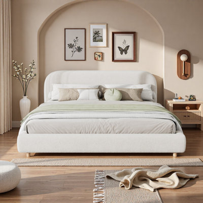 Upholstered Bed With Curved-shape Headboard And Sturdy Wood Legs