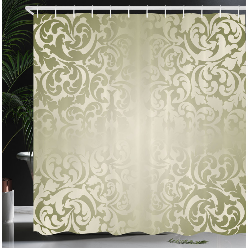 Victorian Damask Beige and Green Fabric Shower Curtain