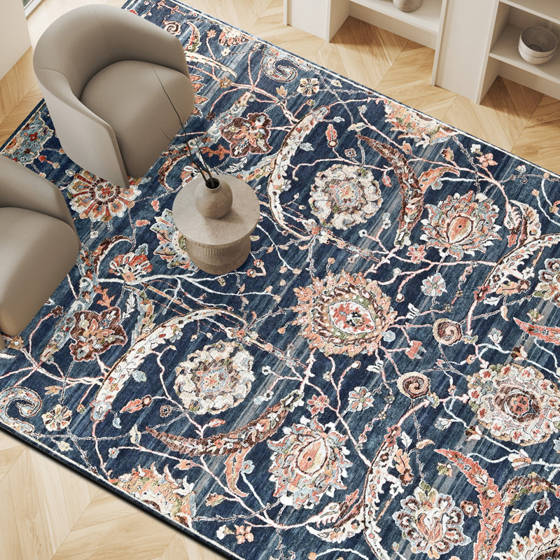 High-Quality Hand-Knotted Wine Area Rug, Dark Blue, Rectangle 8' x 10'