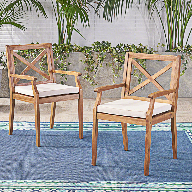 Ensemble de 2 chaises de salle à manger avec coussins, Crème, Teck