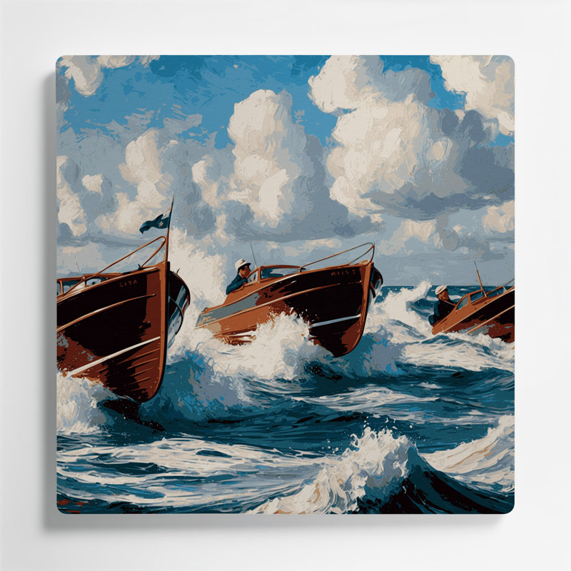 Nautique, bateaux à moteur gris, art mural, H 16 po x l 16 po