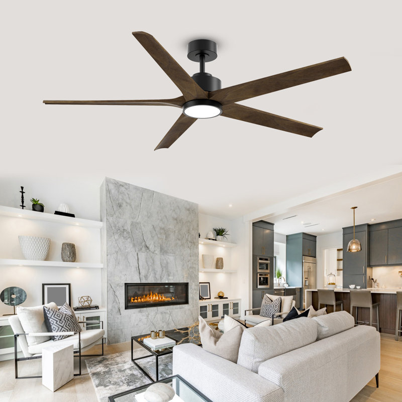 Modern 5 Blade Wood Ceiling Fan With Integrated Light, 72", Black, Brown