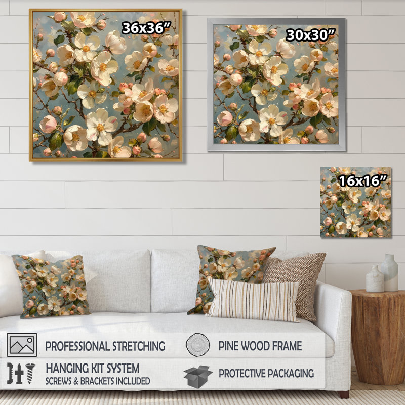  «Pink Apple Blossom Vintage Bloom - Art mural fleur de pommier, H 16 po x l 16 po, Cadre flottant brun