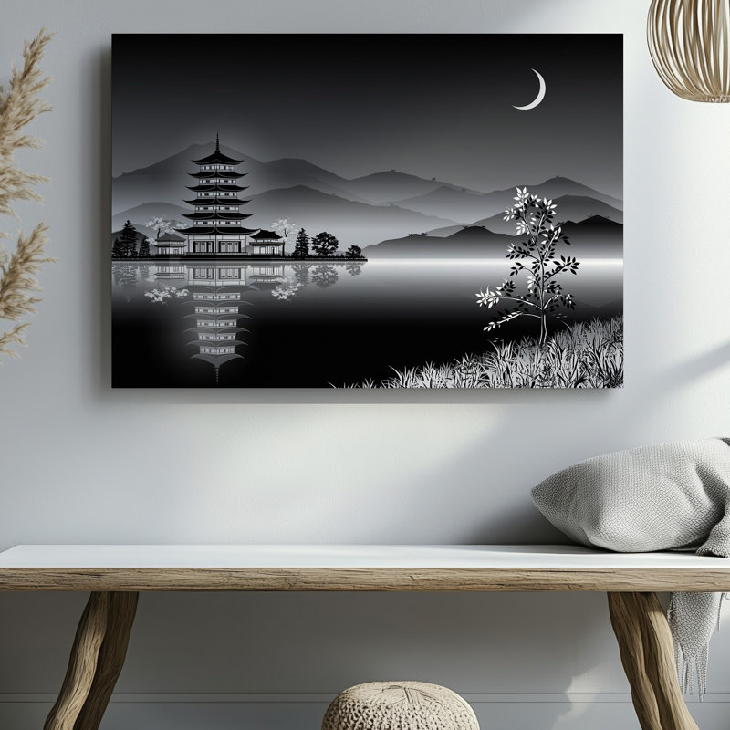 "Toile", un paysage monochrome serein mettant en vedette une pagode asiatique traditionnelle située par un lac tranquille reflétant sa toile, art mural