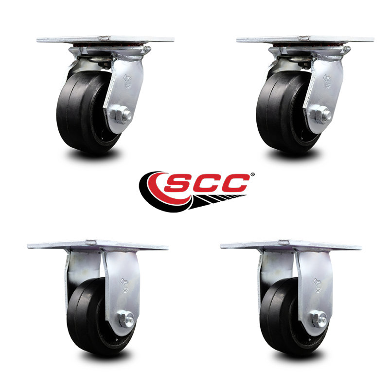 4 Inch Rubber on Steel Caster Set with Roller Bearings 2 Swivel 2 Rigid SCC