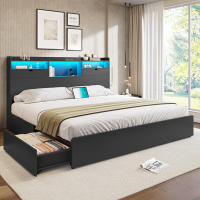 King Bed Frame With Bookcase Headboard And Storage, 4 Large Drawers, Wooden Platform Bed Frame King Size With Led Lights, Charging Station, Strong Metal Slats, No Box Spring Required, No Noise