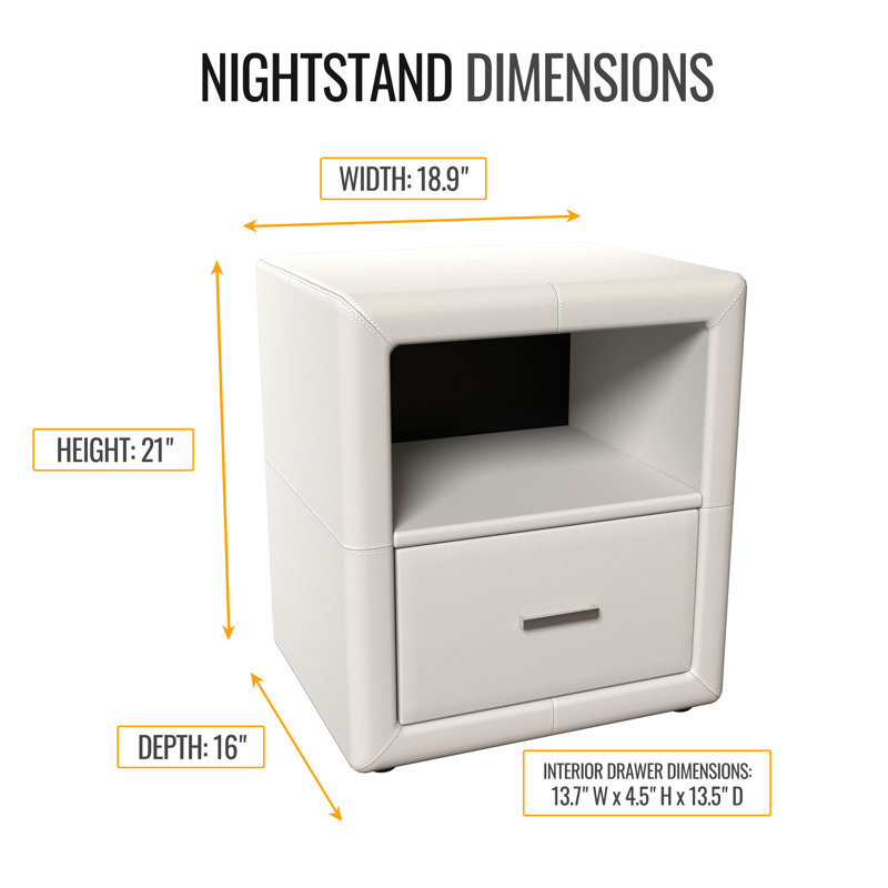 Manhattan Upholstered Faux Leather Nightstand-Pre Assembled Low Profile End Table, White