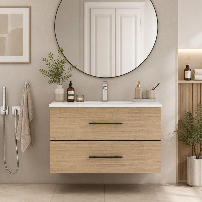 Meuble-lavabo mural de 76 cm (30 pouces) avec lavabo en céramique, double tiroir et longue poignée en métal