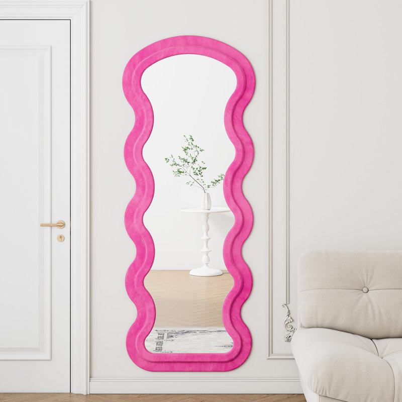 Miroir pleine grandeur en flanelle ondulée rose pour chambre à coucher et vestiaire, design artistique, miroir de plancher suspendu ou mural, doux au toucher, cadre, lit de salon