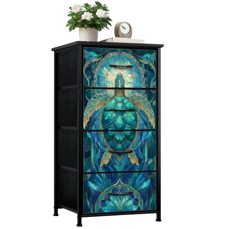 Commode style vitrail Coastal pour la chambre à coucher avec 4 tiroirs de rangement Élégante tortue de mer Vitrail art sarcelle à motifs corail Commodes
