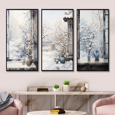 «Floral Snow Window View In Winter I», ensemble d'art mural sur toile Japon