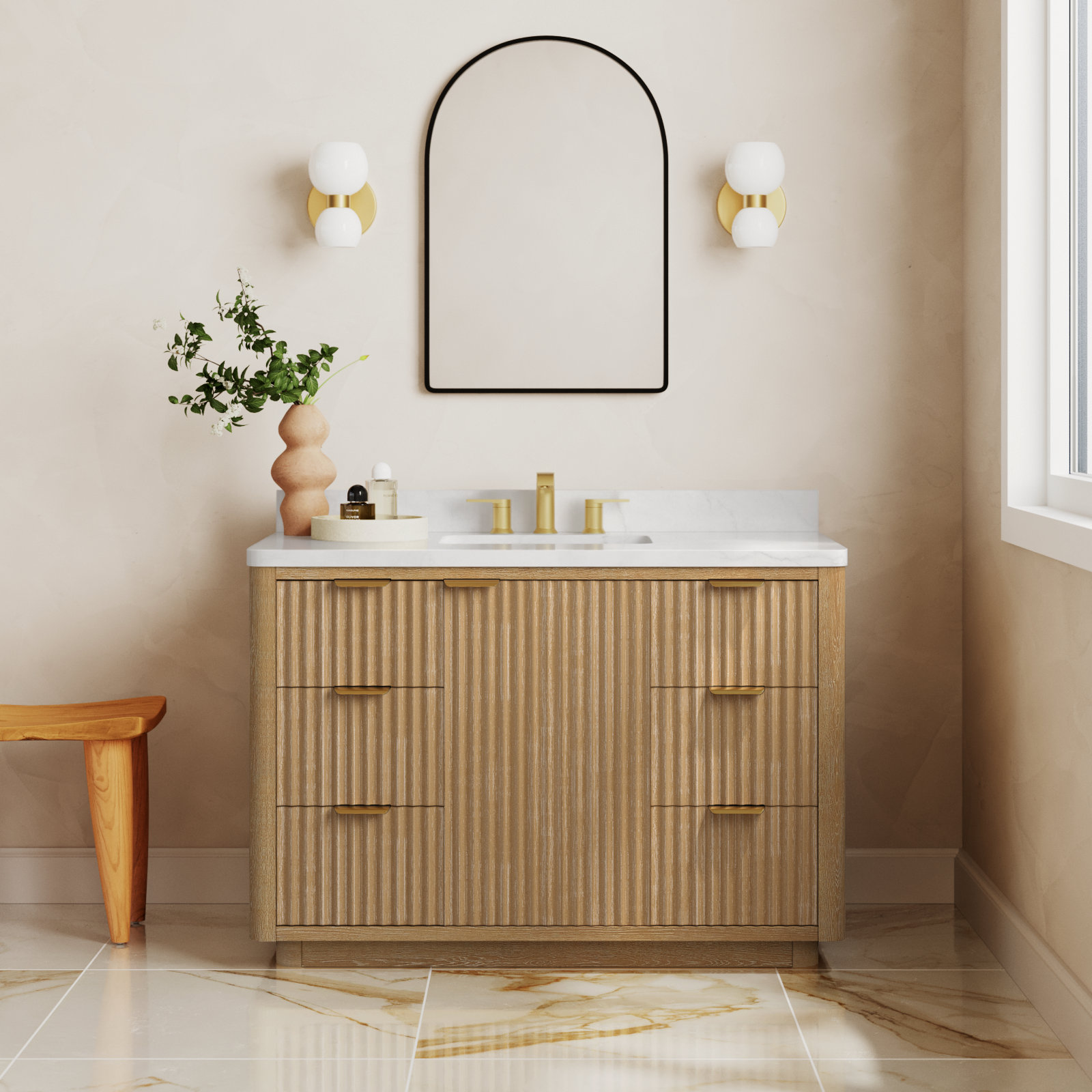 Adela 48'' Single Bathroom Vanity, White, Gold, Brown