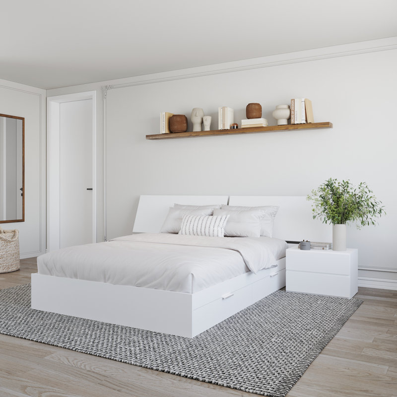 Ensemble de chambre double avec rangement Masyn, Trois pièces: lit et deux tables de chevet