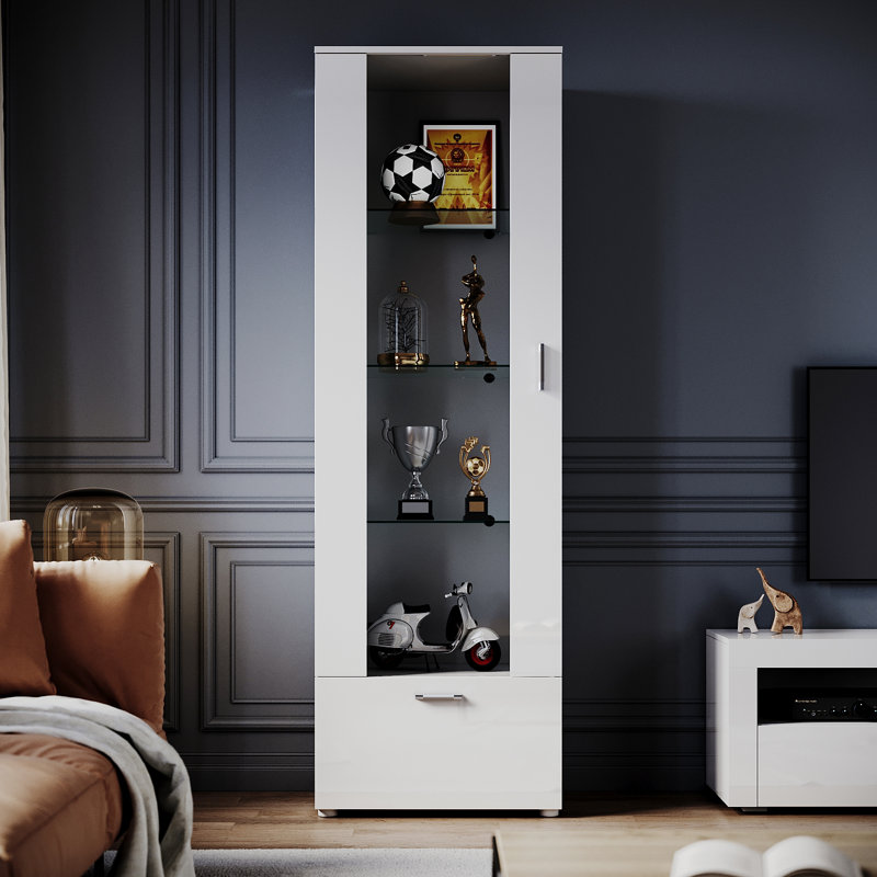 187*60*40cm High Display Cabinet with RGB Colour Changing Multi-Tier Storage, White