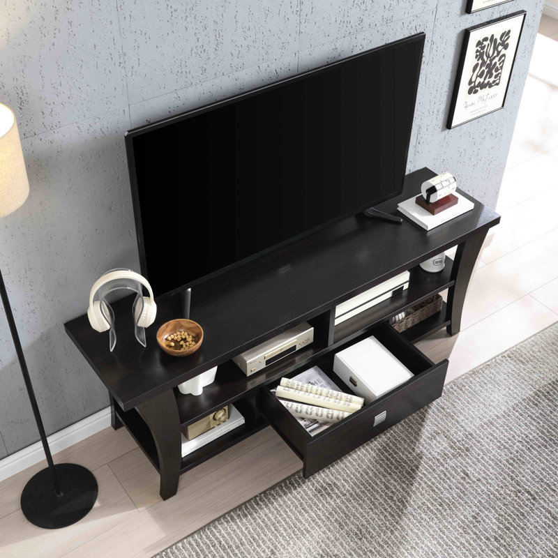 Meuble télé avec pieds incurvés, un tiroir, poignée carrée en métal, tablette divisée, peut accueillir une armoire de télévision de 60 à 69 pouces, convient à