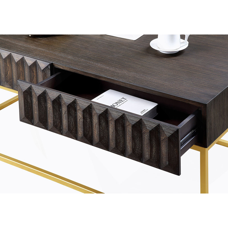 Table d'appoint de style contemporain avec structure en métal, tiroirs dissimulés et pieds en acier doré pour un rangement et une présentation élégants