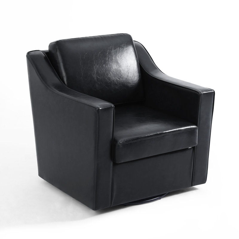 Bronnen Big And Wide Upholstered Black Faux Leather Cushion Swivel Armchair with Removable Back and Seat Cushion, Black