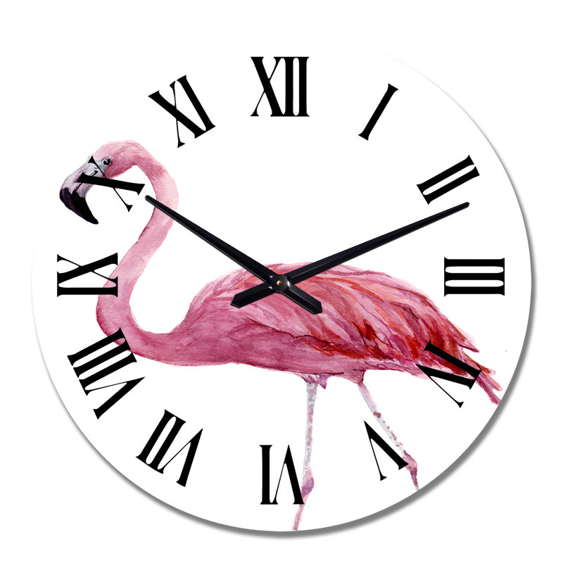 Flamant rose sur fond blanc III - Horloge murale traditionnelle, Moyen