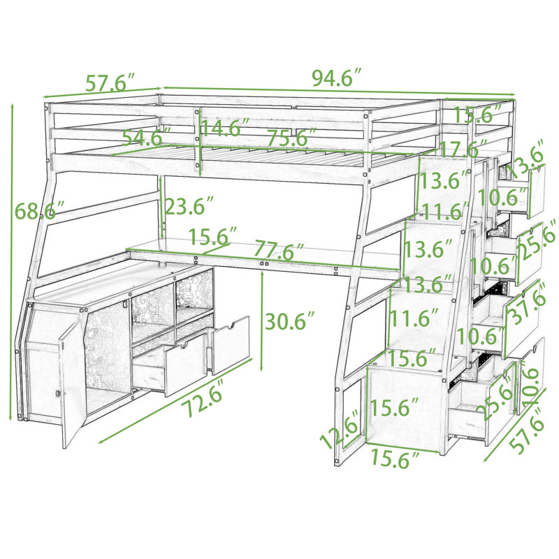 Lit mezzanine double avec tiroirs, tablettes et bureau, Blanc