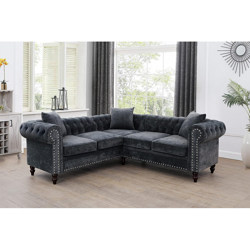 Anibelle 2 - Piece 80" Button Tufted Upholstered Luxury Classic Chesterfield L-Shaped Sofa, White Linen Blend