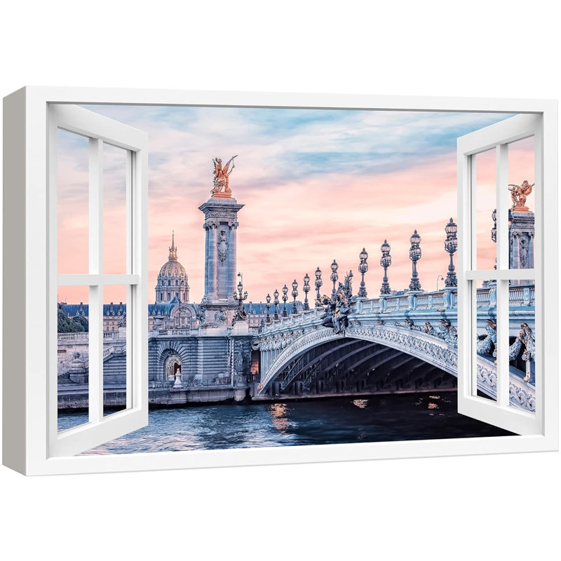 Fenêtre de paysage «Vue de fenêtre Pont-de-la-rivière-seine, paris, France, nature, paysages pittoresques» sur toile