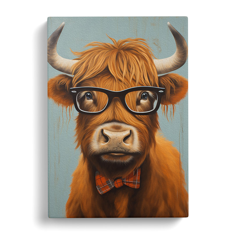 Highland Cow With Glasses Painting - Single Picture Frame Print, 50cm H x 35cm W x 3cm D