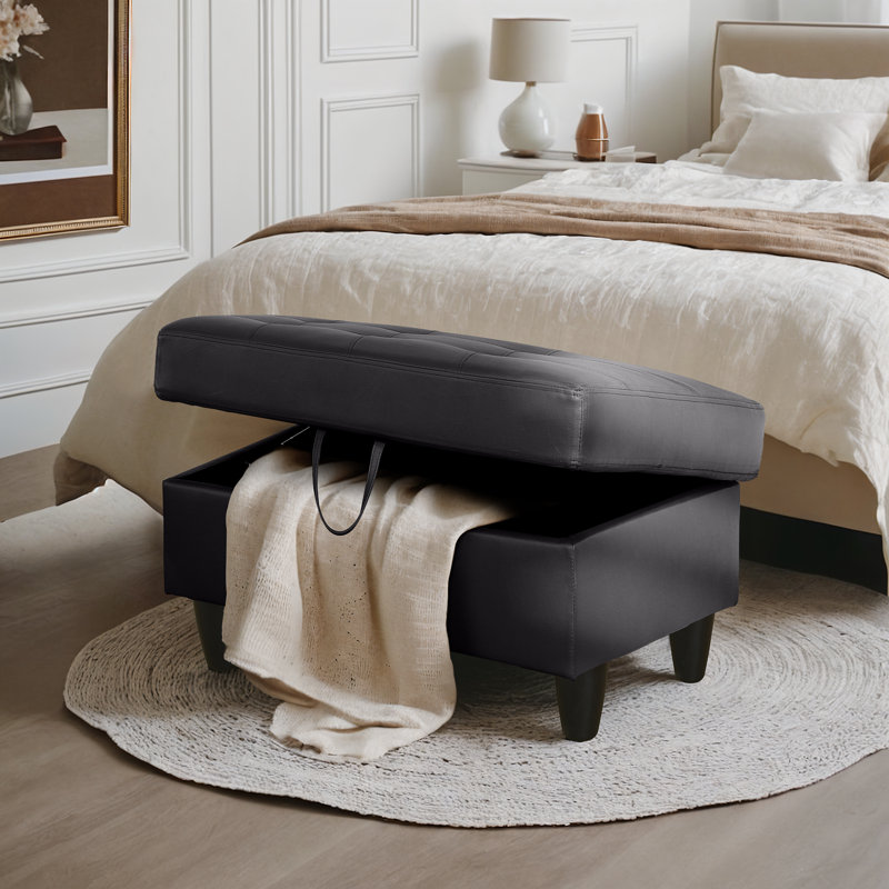 Faux Leather Ottoman, Black Faux Leather