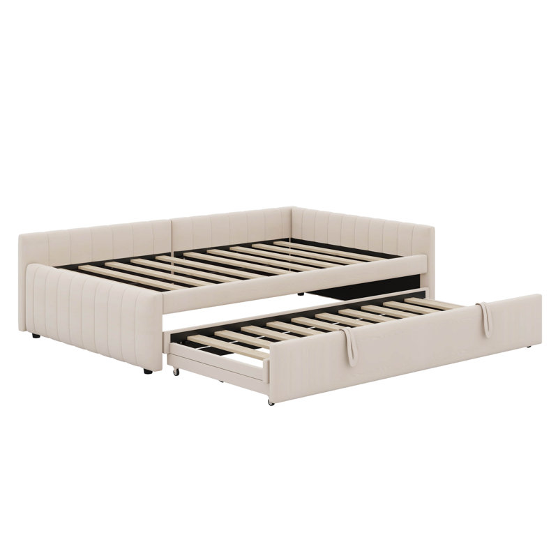 Lit de jour double rembourré en L avec lit gigogne escamotable double, Beige