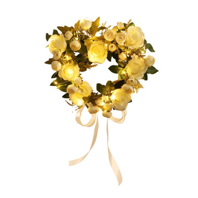 Couronne en forme de cœur pré-éclairée de 15,7 po, couronne de la Saint-Valentin, couronne de fleurs artificielles printanières, guirlande suspendue de fleurs roses pour la fête d'anniversaire de mariage de la Saint-Valentin, décoration intérieure