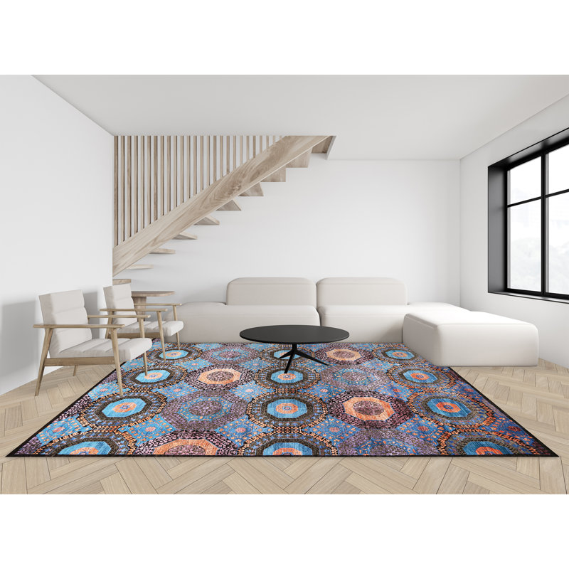 Tapis bleu / rouille / vert / noir de haute qualité noué à la main, Rectangle 6 pi x 9 pi