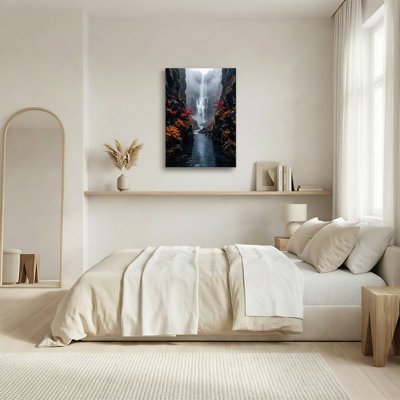 Tall Waterfall in Dark Canyon with Red Leaves and Ferns Canvas Wall Art