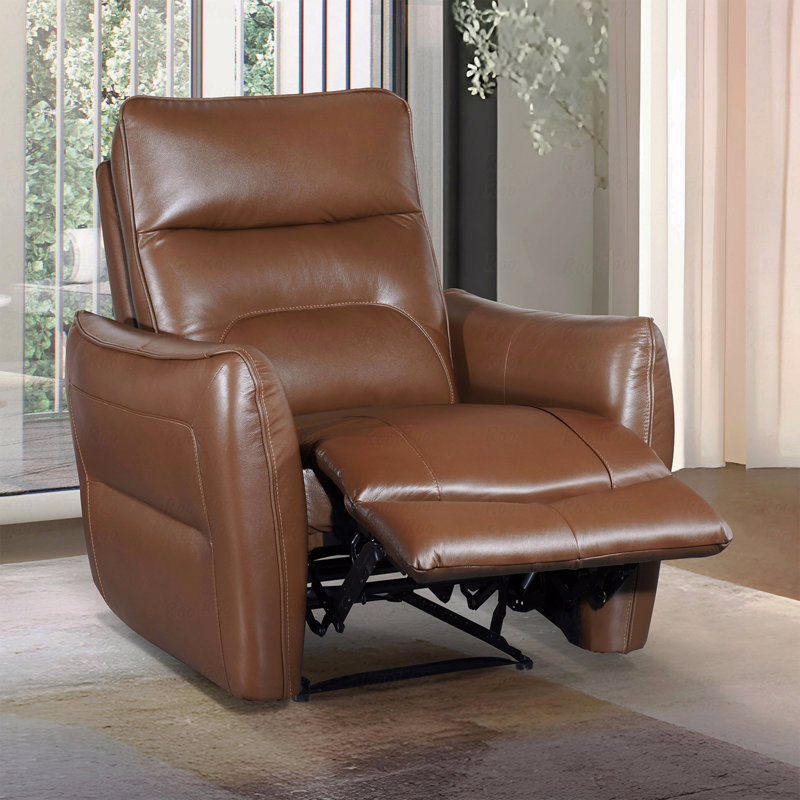 Salon principal électrique au fini brun caramel de style contemporain avec fonction inclinable et accoudoirs à passepoil évasé
