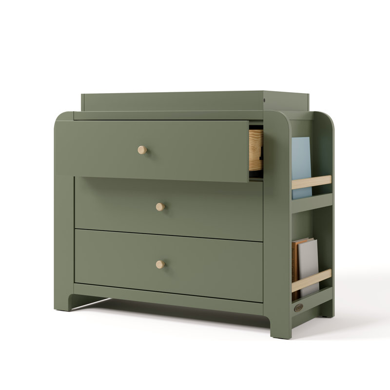 Read-With-Me 3 Drawer Chest With Bookshelves And Removable Changing Topper, Olive/Driftwood