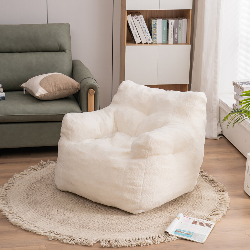 Compression Medium Adult Soft Teddy Fabric Bean Bag Chair With Foam Filled, Cream White Faux Fur