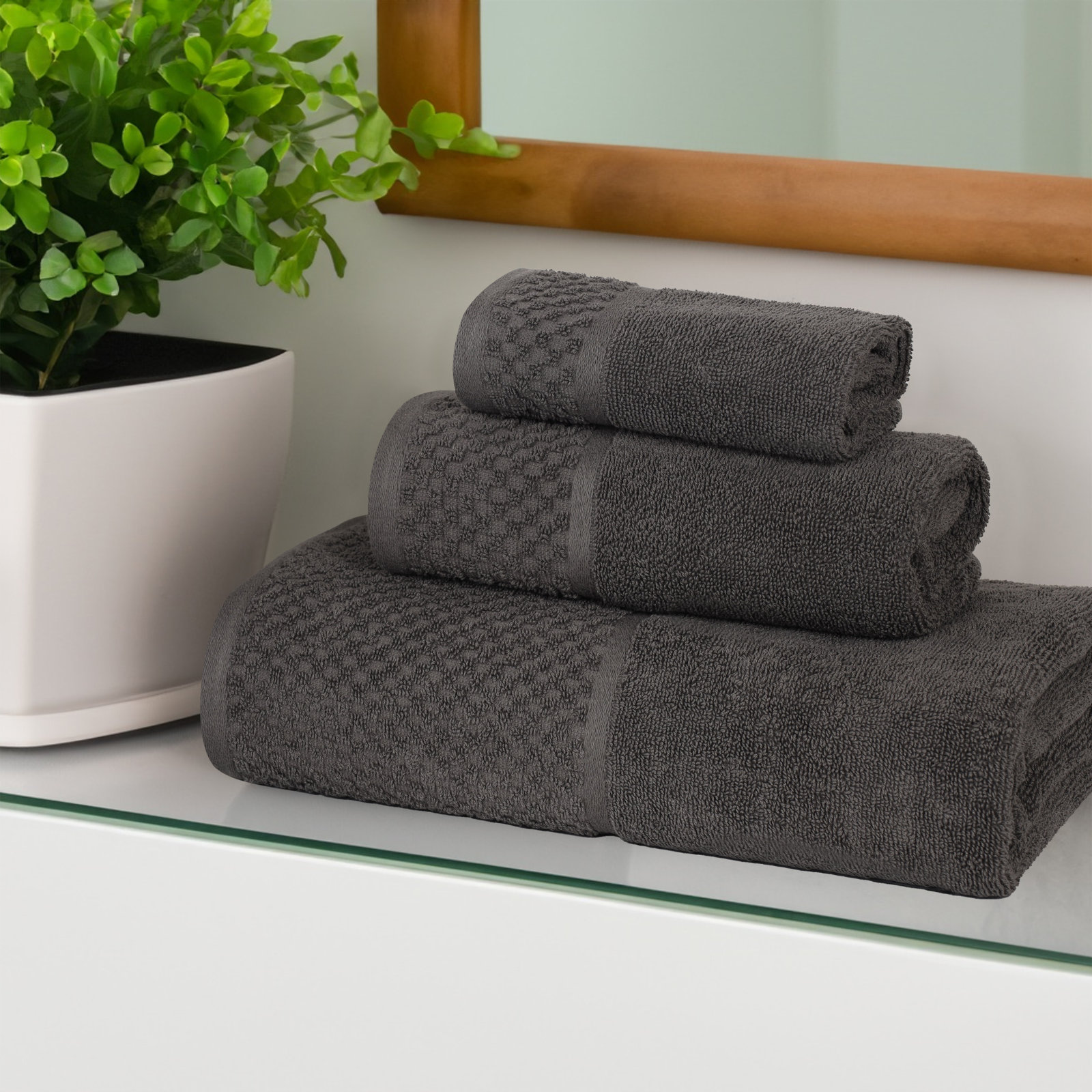 3-Piece Jacquard Cotton Towel Set, Charcoal/Silver