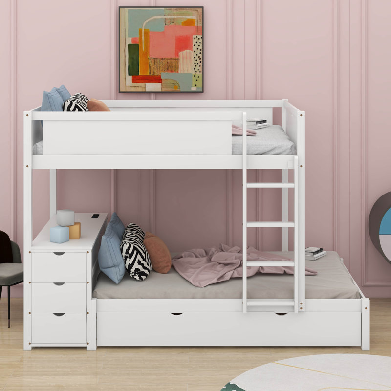 Twin Over Twin Bunk Bed With Trundle And Desk, White