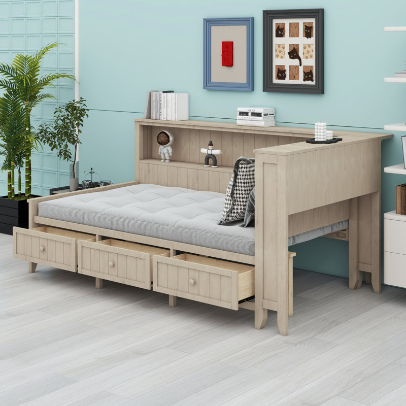 Lit de jour avec tablettes de rangement et 3 tiroirs, Lit simple