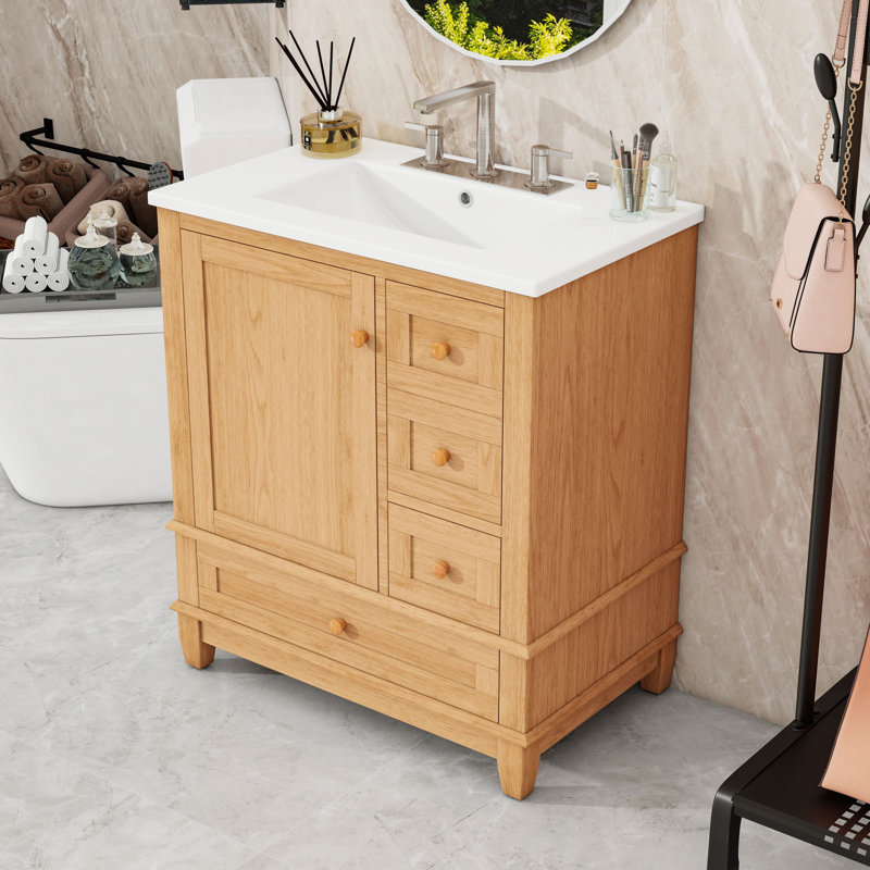 Meuble-lavabo autoportant avec lavabo en céramique, 3 tiroirs et support de porte de rangement