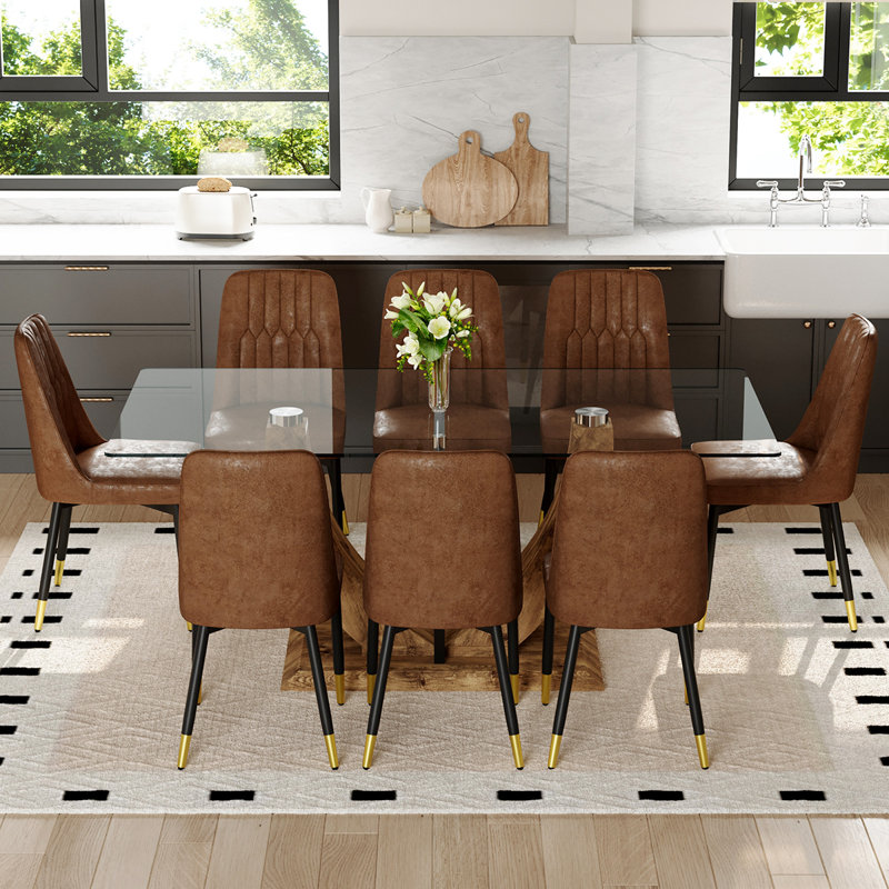 71″ Tempered Glass Dining Table Set for 6–8 – Modern Dining Table and Chairs, Kitchen & Dining Room Set, 9 Piece Set
