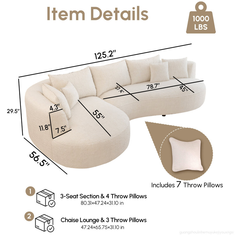 Canapé modulaire courbé en sherpa 125 pièces 2 pièces 125,2 po, canapé 5 places crème surdimensionné avec structure en bois massif et 7 coussins décoratifs
