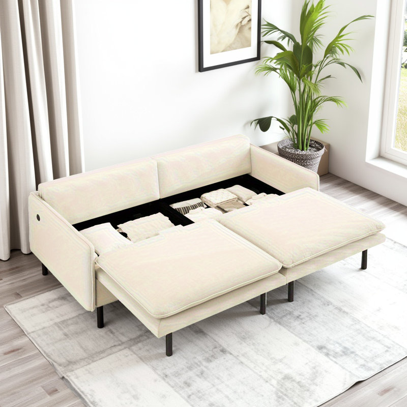 Canapé-lit convertible 4 places en chenille 4 places - Canapé Cloud avec rangement, port USB et coussin 2 en 1 beige / blanc